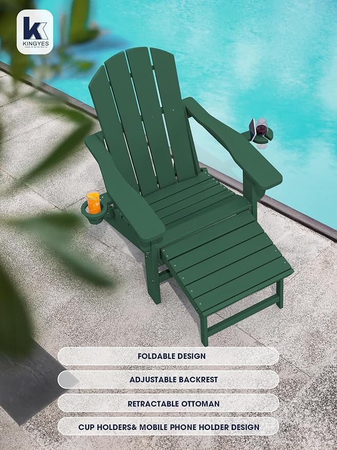 KINGYES Folding Adjustable Adirondack Chair with Retractable Ottoman Set of 4, HDPE Adirondack Recliner Chair with Footrest, Green