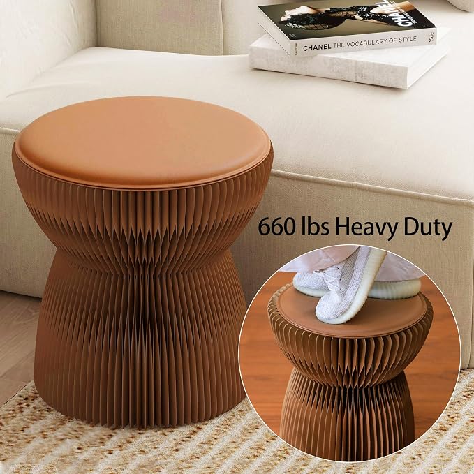 Accordion Folding Stool, Bouquet Shaped Collapsible Kraft Paper Stool for Adults, 660lbs Honeycomb Fold Up Ottoman, Portable Under Desk Footrest Seat for Living Room, Dorm & Office (15 Inch, Brown)