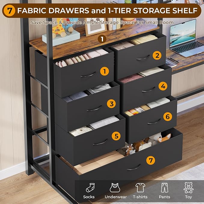 DICTAC Twin Loft Bed with L-Shaped Desk and 7 Storage Drawers,Metal Twin Size Loft Bed for Kids with LED Lights and Charging Station,13.11" H Safety Guardrail and Ladder,No Box Spring Needed, Black