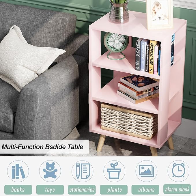 Aenuert Night Stand, Pink Nightstand, Modern End Table with Open Storage, 3-Tier Wooden Bedside Table for Small Space, Living Room, Bedroom