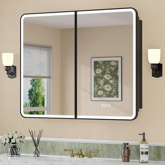 36 x 30 Inch Recessed Medicine Cabinet Mirror with Lights, Wall Mounted LED Bathroom Mirror Cabinet, Dimmable, Anti-Fog, Memory Function, 3 Color Modes, Adjustable Shelf, ETL Certified, Black
