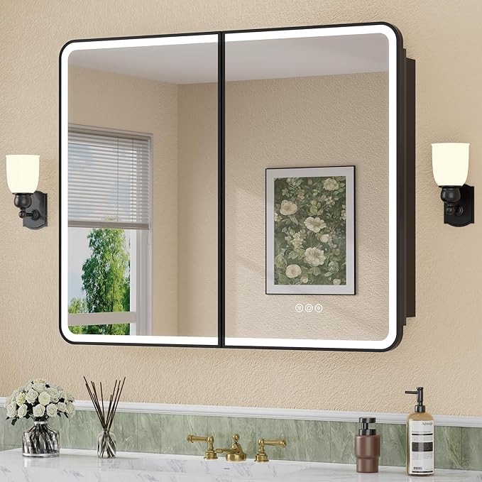 32 x 30 Inch Recessed Medicine Cabinet Mirror with Lights, Wall Mounted LED Bathroom Mirror Cabinet, Dimmable, Anti-Fog, Memory Function, 3 Color Modes, Adjustable Shelf, ETL Certified, Black