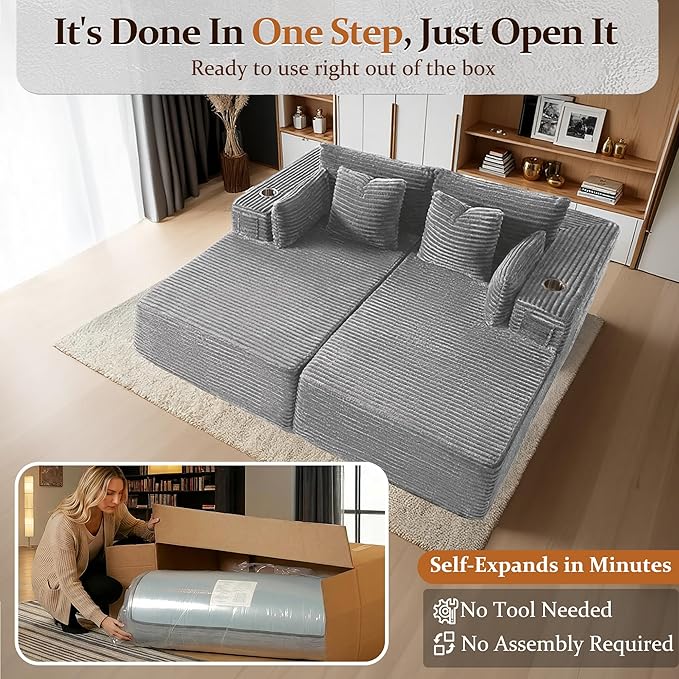72" Cloud Sectional Couch, Comfort U Shaped Sofa for Living Room, Extra Deep Seats No Assembly, Minimalist Modular Couch, Corduroy (Light Grey, Loveseat Chaise)