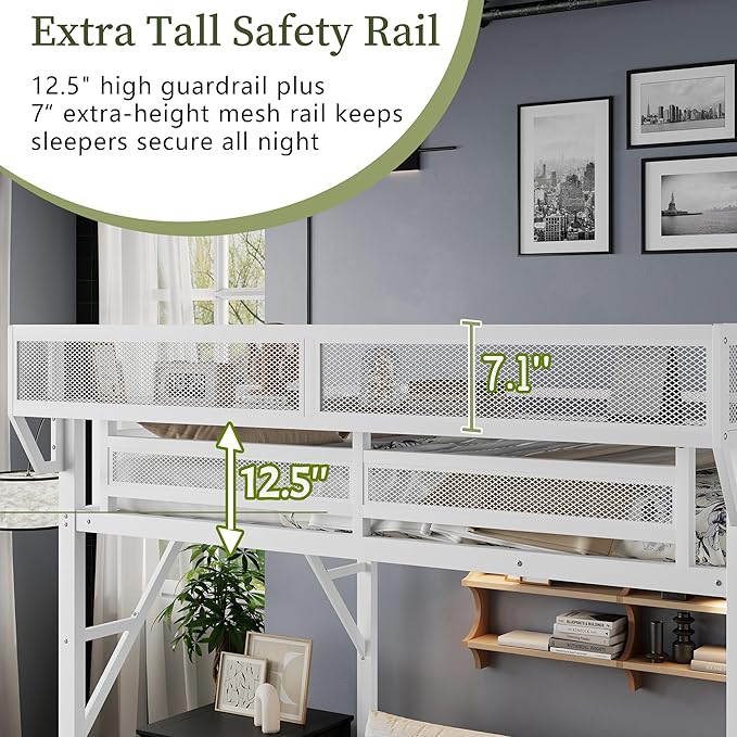 Twin XL Size Loft Bed with Stairs and Storage, Metal Loft Bed Frame with A Shelf and Large Under-Bed Space, Heavy-Duty Loft Beds for Kids Boys Girls Teens Bedroom Dorm, Convertible Staircase, White