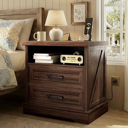 AODK 24 Inch Farmhouse Nightstand with Charging Station, Wood Bedside Table with 2 Drawers, Rustic Wood End Table with Outlet and USB for Bedroom, Dark Walnut