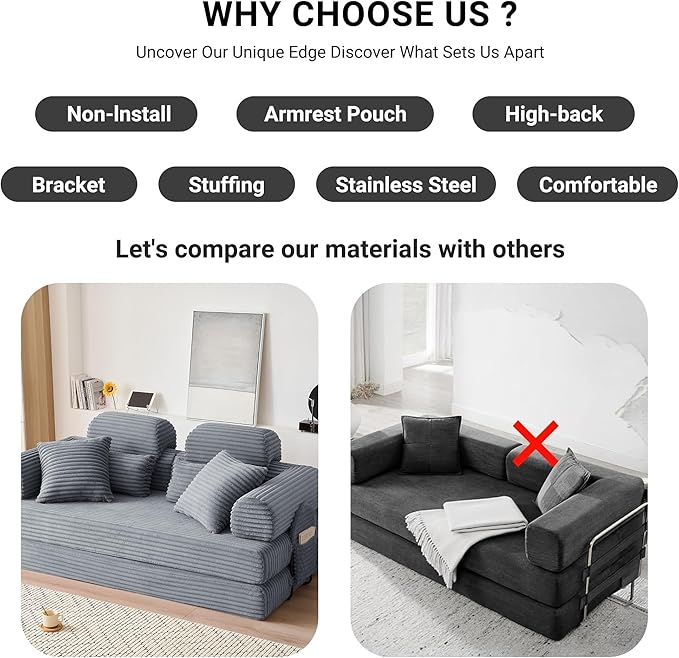 78.8" Convertible Sofa Bed with High Backrest Headrest, 5-in-1 Corduroy Boneless Couch with Side Pocket, Sleeper Loveseat Couch Bed Sectional Couches for Living Room, No Assembly, Gray