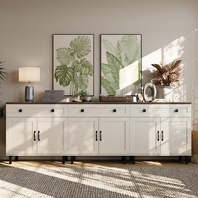 FENSULN Buffet Sideboard Cabinet Farmhouse Modern 3 in 1 Storage Cabinet with Drawer and Adjustable Shelves for Kitchen, Coffee Bar, Living Room, White
