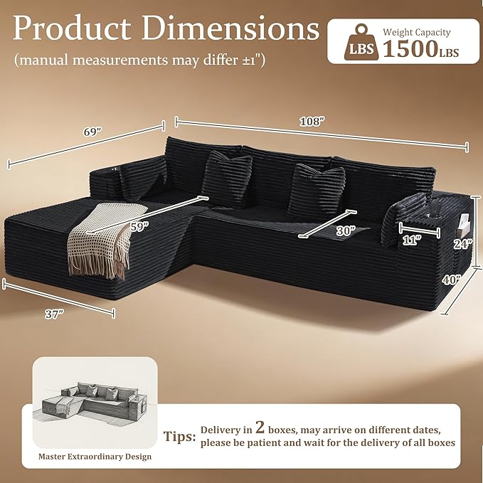 108" Oversized Cloud Sectional Couch, Comfort U Shaped Sofa for Living Room, Extra Deep Seats No Assembly, Minimalist Modular Couch, Corduroy (Black, 2 Seater+Left Facing Chaise)