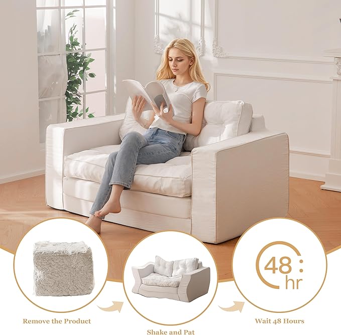YOSHOOT Loveseat Boneless Couch,55" Convertible Sofa Bed Futon Couches for Living Room,3-in-1 Pull Out Floor Couch with Backrest and Pillows, White