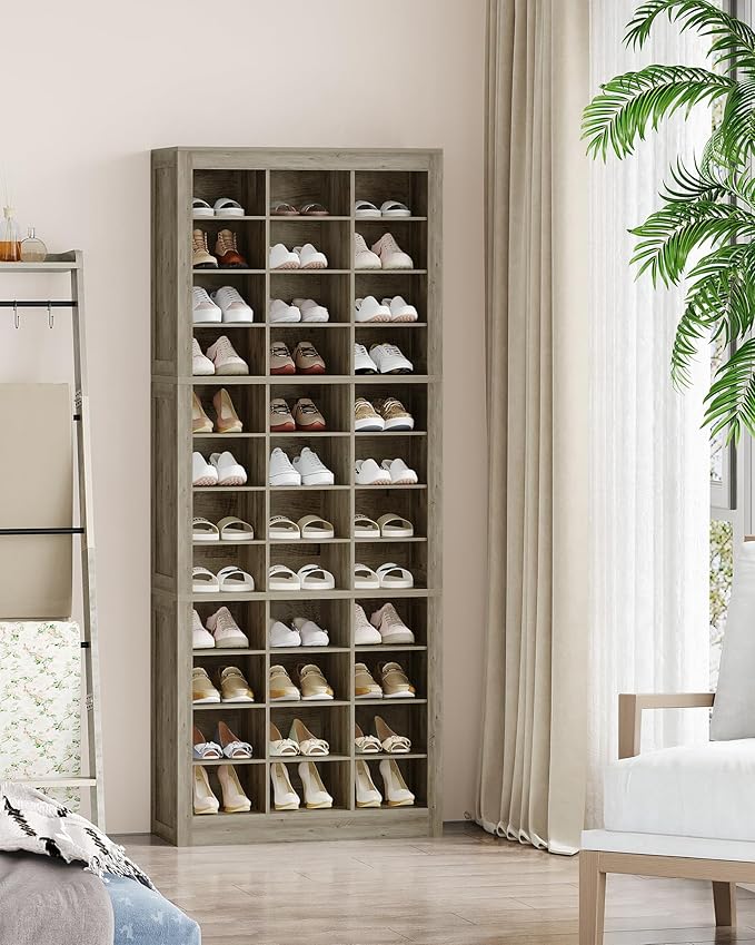 Hzuaneri Shoe Storage Cabinet, 36 Pairs Free Standing Closet Organizer, 8.8 inch Widened Cell Wood Shoe Organizer, 12 Tiers Vertical Space Saving Shoe Rack for Entryway, Cloakroom, Greige SR20705B