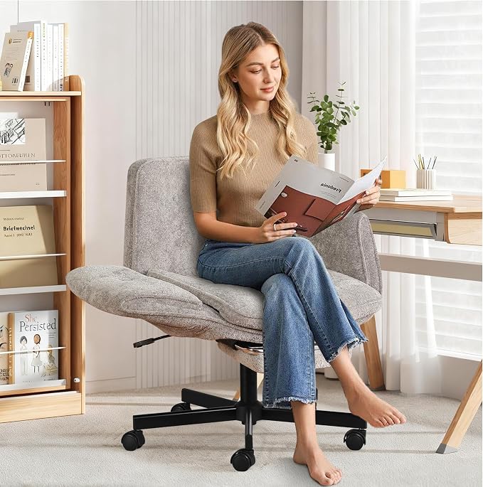 Criss Cross Chair with Footrest & 5 Level Folding Arms Full Relaxation, Wide Cross Legged Office Chair for Home Office, Comfy Swivel Desk Chair with Ottoman, Chenille Vanity Chair (Grey)