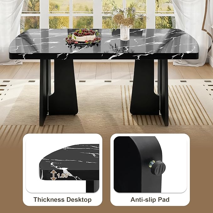 Merax 6-Piece Dining Table Set for 6, Modern Faux Marble Oval Kitchen Tabletop with Four Upholstered Chairs and One Bench for Dining, Living Room, Kitchen, Easy Assembly, Black+ Beige