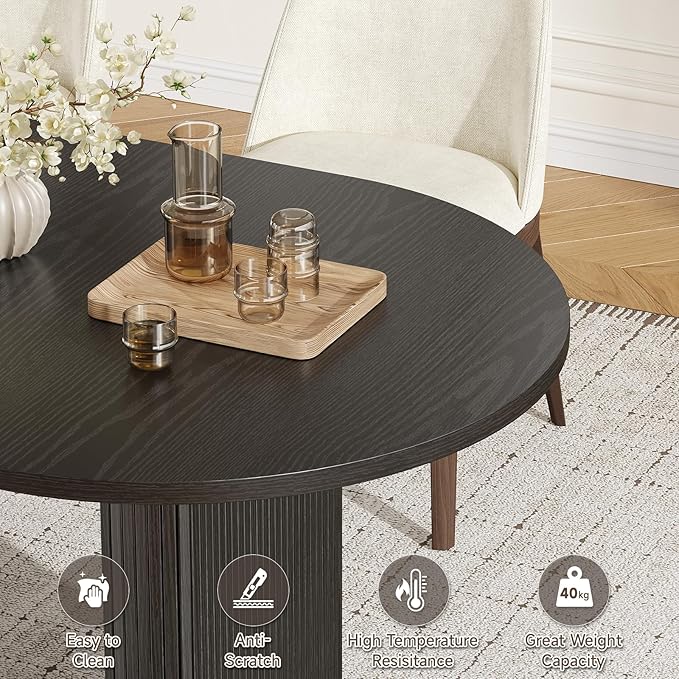 ONBRILL 70 Inch Oval Dining Table for 6-8, Modern Dining Room Table with 2-Tier Storage Space, Wood Kitchen Table with LED Light, Dinner Table with Heavy Duty Legs, Black