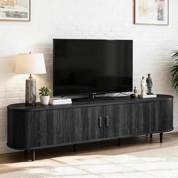 70" Mid Century Modern TV Stand, Wood TV Consoles with Sliding Doors and Power Outlet, Fluted Entertainment Center with Adjustable Shelves, Media Console for Living Room, Black