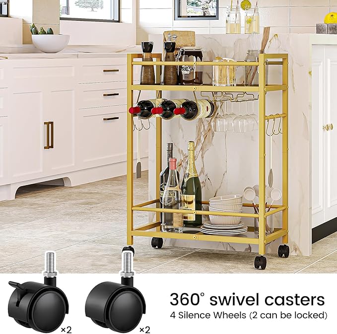 Bar Cart, Serving Cart for Home, Microwave Cart, Drink Cart, Wine Cart with 2 Mirrored Shelves, Wine Holders, Glass Holders, for Kitchen, Dining Room(Gold)