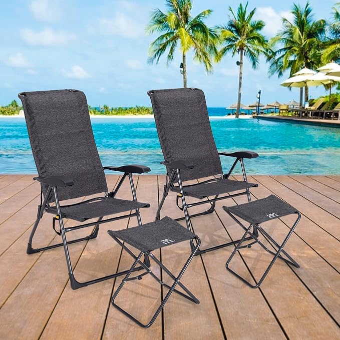 Giantex 4 Pcs Folding Patio Chairs with Footrest, Adjustable Back, 2 Pack Outdoor Portable Sling Patio Dining Chairs for Camping Lawn Bistro Porch Garden Yard Pool