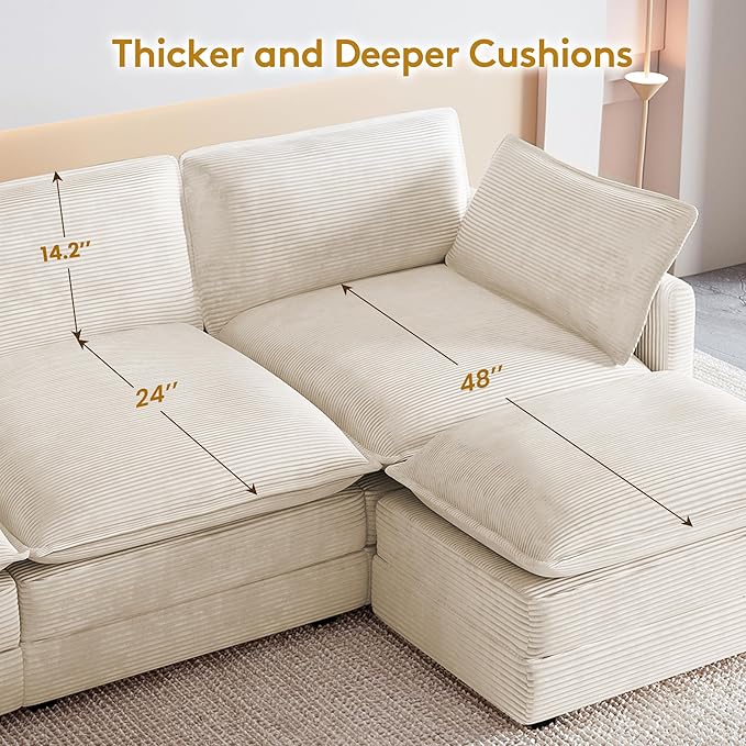 ROWHY 112'' Oversized Modular Sectional Cloud Couch with Movable Ottoman, 4 Seat Modern Corduroy Sofa, Deep Seat L Shaped Couch for Living Room Bedroom Apartment, Cream