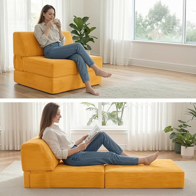 Kasunpul Folding Sofa Bed with Pillow, Memory Foam Fold Out Chair Bed, Convertible Sleeper Chair with Washable Cover, Futon Floor Couch for Living Room/Dorm/Guest Use/Home Office/Apartment,Orange