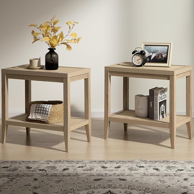 SICOTAS Rattan Nightstands Set of 2 - Boho Shelf Bedside Tables Narrow End Table Living Room Set of 2 Side Table with Rattan Storage Shelves for Small Space - Light Oak