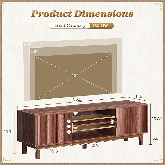 PRAISUN 54 Inch Fluted TV Stand for TVs Up to 55, 60 Inch, Mid Century Modern Entertainment Center with Storage, TV Console with Adjustable Shelves, Midea Console for Living Room Bedroom, Brown