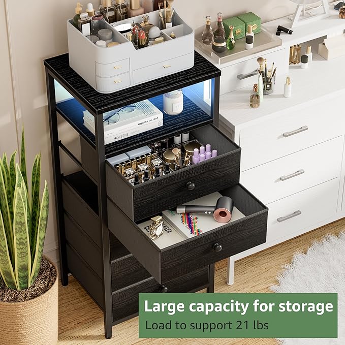 BOLUO Black Dresser with 5 Drawers Tall Nightstand with Charging Station and LED Light, Bedside Table Room Storage Drawers Closet