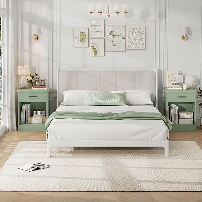 FOTOSOK Nightstand Set of 2, 2-Tier Side Table with Drawer and Storage Shelf, Bedside Table End Table, Modern Night Stand for Bedroom, Home Office, Green