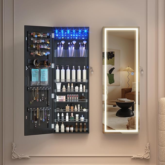 LVSOMT LED Mirror Jewelry Cabinet Door Hanging, Wall Mounted Jewelry Mirror Organizer Full Length, Lockable Jewelry Armoire, Large Capacity, for Small Space Bedroom, Gift for Women, Black