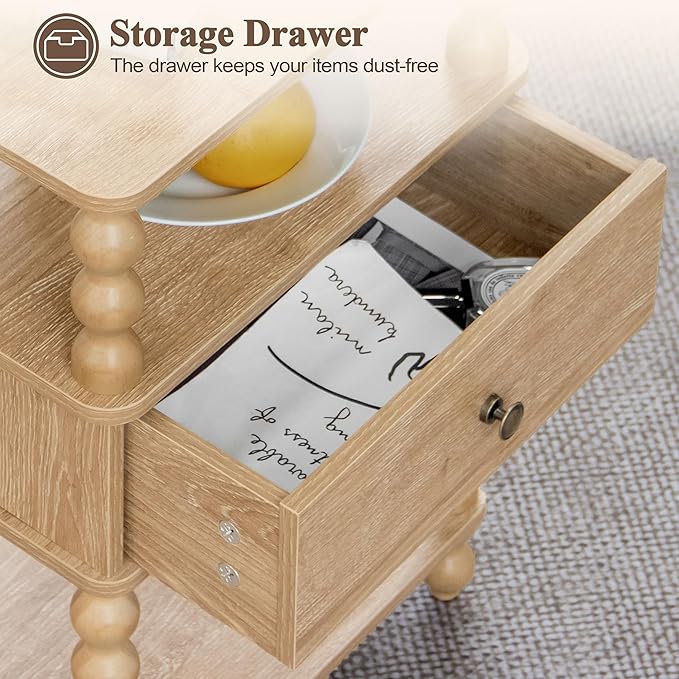 AWASEN Night Stand with Drawer, Bedside Table with Storage, 3-Tier Small Nightstand End Table for Bedroom with Solid Wood Spindle Legs, Rustic Walnut