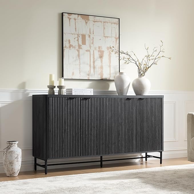 Fatmok 65" Large Sideboard Buffet Cabinet with Storage, Set of 2 Modern Fluted Credenza Accent Coffee Bar Console Tables with Doors & Adjustable Shelves for Living Room or Hallway, Black & Grey