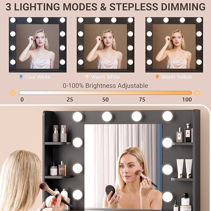 Vanity Desk with Mirror and Lights, Fluted Makeup Vanity with 8 Drawers, Storage Shelves, RGB Light and Power Outlet, Bedroom Dessing Table for Women, Girls, Black,56.7"