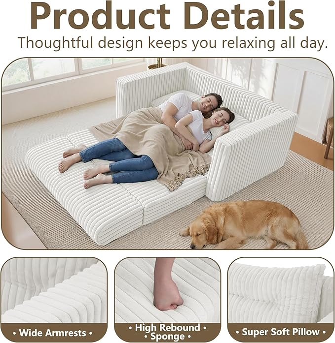 HABUTWAY 49.8" Loveseat Boneless Couch, 4-in-1 Convertible Sofa Bed, Plush Fur Folding Futon Sofa Bed Couches with a Pillow for Living Room, High-Density Foam Support, No Assembly Required, Beige
