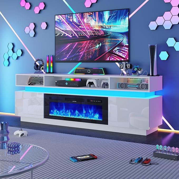 chartustriable Fireplace TV Stand for 95" TV, 83" LED Entertainment Center with 40" Fireplace & Power Outlets, High Gloss TV Stand, Gaming TV Media Console for Living Room, 83 Inch, White