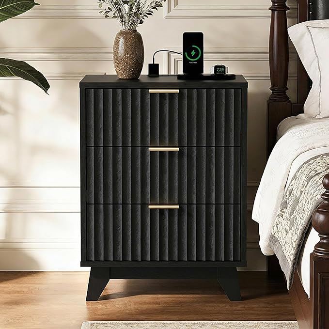 VINGLI Black Fluted Nightstands Set of 2 with Charging Station,3 Drawer Black Wood Nightstand for Bedroom, Modern Night Stand with Drawers, Fluted Bedside Table/End Table/Side Table, 2 pcs