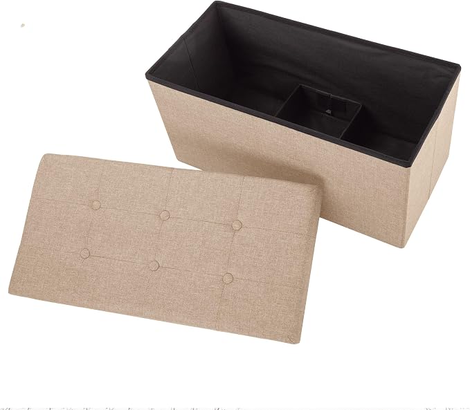 Lavish Home Folding Storage Ottoman - Set of 2 30-Inch Tufted Footrest, Linen Chest, or Bench with Removable Bin for Living Room, Bedroom, or Dorm (Beige)