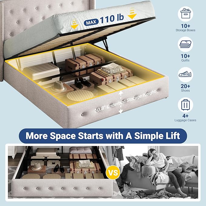 Allewie Full Size Lift Up Storage Bed, Button Tufted Headboard with Wingback, Hydraulic Support, No Box Spring Needed, Light Beige