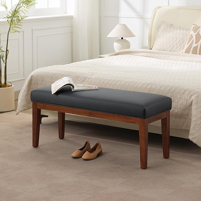 WUTUTUEE 43.5'' Faux Leather Bedroom Bench, Upholstered End of Bed Bench, Padded Vintage Dining Bench, Entryway Bench with Solid Wood Legs, Kitchen, Living Room, Hallway, Black
