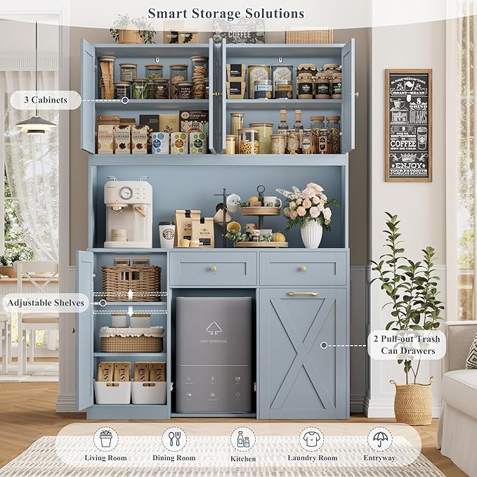 HOSTACK 71"H Kitchen Trash Can Cabinet, 12.5 Gallon Double Pull Out Garbage Can Hutch Cabinet with Trash Bin Storage Holders, 47" Wide Kitchen Pantry with Hidden Garbage Storage for Dining Room, Blue