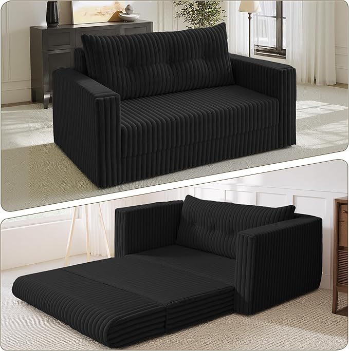 HABUTWAY 41.3" Loveseat Boneless Couch, 4-in-1 Convertible Sofa Bed, Plush Fur Folding Futon Sofa Bed Couches with a Pillow for Living Room, High-Density Foam Support, No Assembly Required, Black