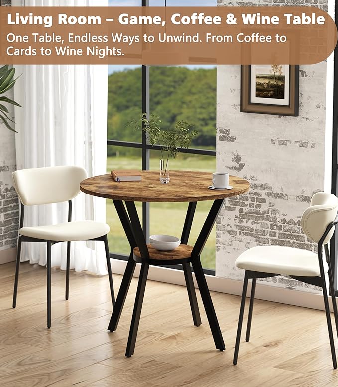 MECHYIN Round Kitchen Table for 2-4, Small Round Dining Table with Storage, Rustic Wood Circle Table with Metal Legs, Compact Dining Room Table for Kitchen, Cafe, Apartment and Small Space