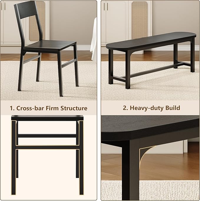 Feonase Dining Chairs and Benches Set of 4, Modern Dining Room Chairs with Ergonomic Backrest, Wood Structure & Metal Legs, for Kitchen, Dining Room, Space-Saving, Easy to Assemble & Clean, Black