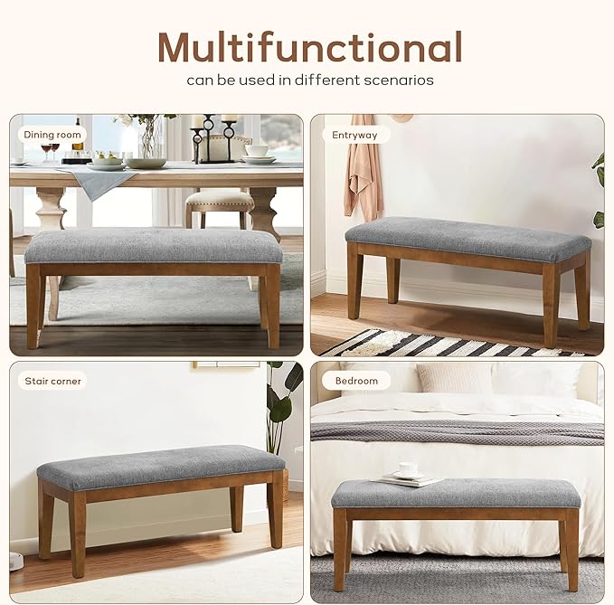 HUIMO Kitchen & Dining Room Benches, Fabric End of Bed Bench with Solid Wood, Upholstered Entryway Bench for Living Room, Bedroom (Grey)