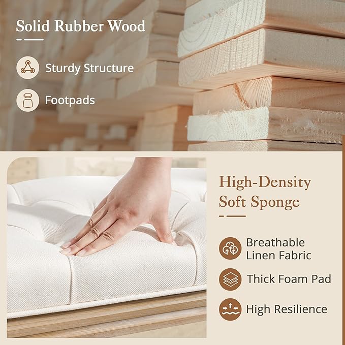 LUE BONA 44" Bedroom Bench, Fabric End of Bed Bench, Upholstered French Tufted Ottoman Bench with Carved Wood Legs for Bedroom End of Double Full Queen Size Bed, Living Room, Beige