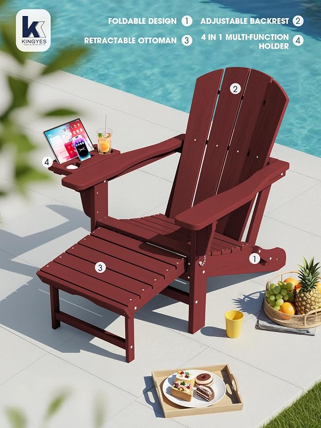 KINGYES Adjustable Folding Adirondack Chair with Footrest & 4-in-1 Multi-Functional Armrest Organizer Set of 4, HDPE Foldable Recliner Adirondack Chair with Pull-Out Ottoman, Red