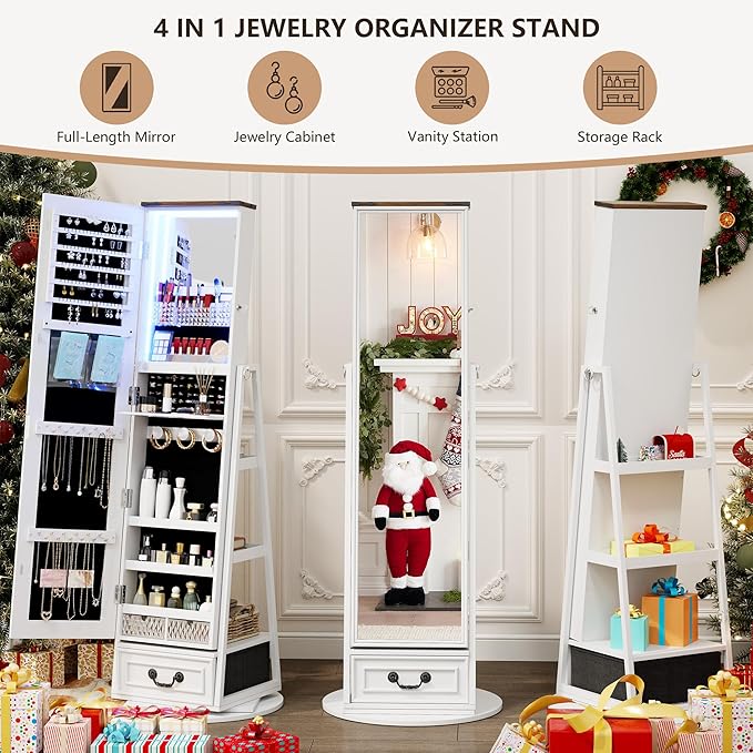 HWB Standing Full-Length Mirror Jewelry Armories, Jewelry Organizer with LED Lights 360° Swivel, Lockable Jewelry Cabinet, Jewelry Storage with Shelves & Stable Base White