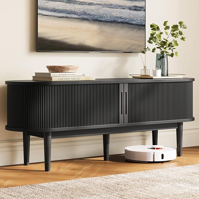 LINSY HOME 58" Fluted TV Stand for TVs up to 65 Inch, Mid Century Modern Entertainment Center with Storage Cabinet and Sliding Doors, Farmhouse Wood Media TV Console for Living Room, Bedroom, Black