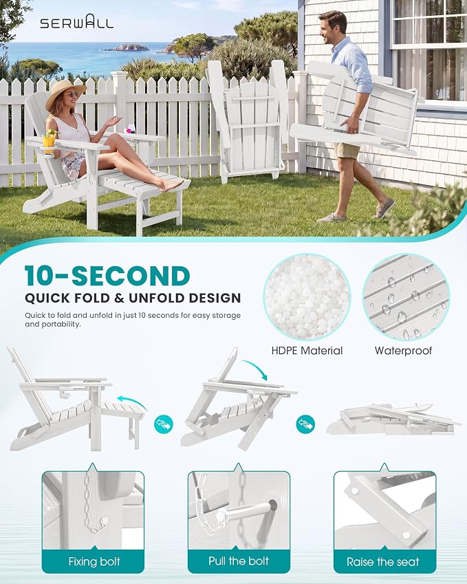 SERWALL Folding Adjustable Adirondack Chair with Footrest, HDPE Outdoor Chair with Dual Cup Holders, All Weather Adirondack Chair with Ottoman, White