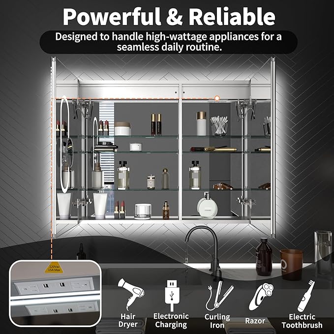 ExBrite 40 x 32 LED Lighted Medicine Cabinet with Mirror, Front & Backlit, Night Light, Clock & Temperature Display, Defog, 5X Magnifier, 3-Color Dimmable LED, Surface or Recessed Mount