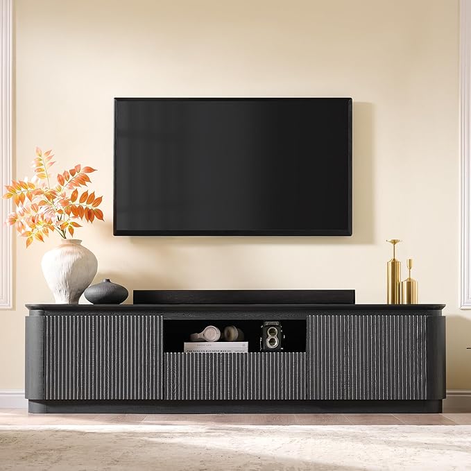 70" Fluted TV Stand for TVs Up to 80", Mid Century Modern Entertainment Center with Drawer, Storage Cabinet, Open Shelf, Wood Low Profile Media TV Console for Livingroom, Black