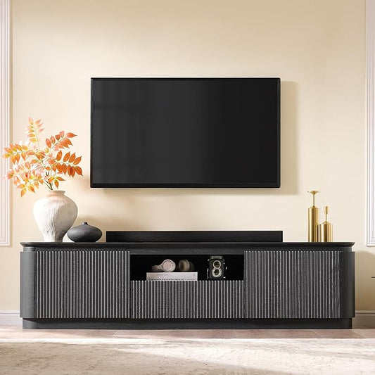 70" Fluted TV Stand for TVs Up to 80", Mid Century Modern Entertainment Center with Drawer, Storage Cabinet, Open Shelf, Wood Low Profile Media TV Console for Livingroom, Black