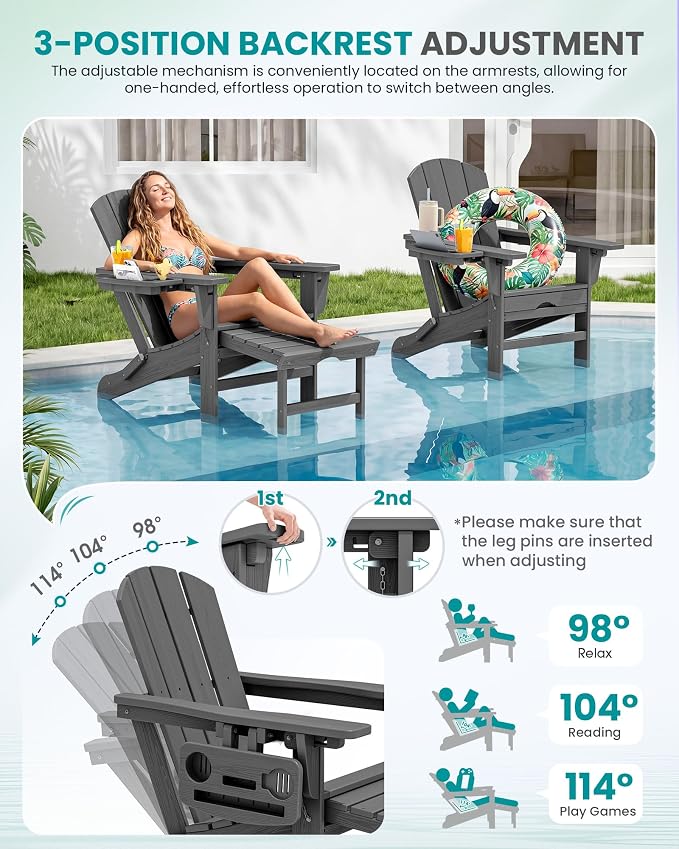 SERWALL Folding Adjustable Adirondack Chairs with Footrest Set of 2, HDPE Outdoor Chair with 4-in-1 Cup Holders, All Weather Adirondack Chair with Ottoman, Gray